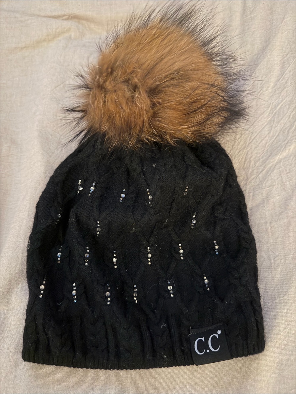 C.C Black Knit Beanie with Rabbit Fur Pom and Crystals